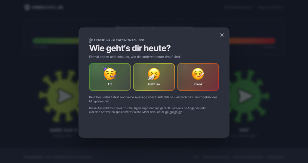 Mitmach-Spiel der Virenampel mit den Auswahlmöglichkeiten Fit, Geht so und Krank.